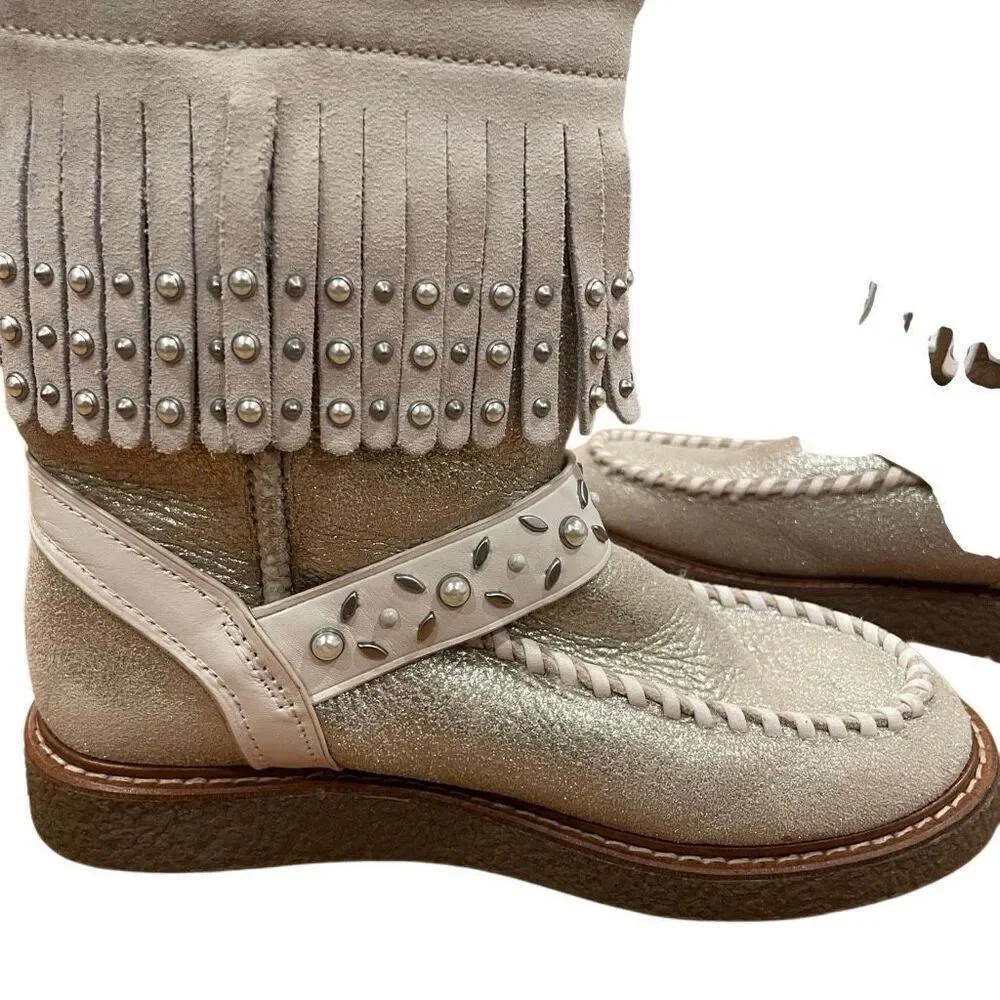 Coach Womens Roccasin Shearling Boots 6 B Fringe Studs Cowgirl Chic Apres Ski